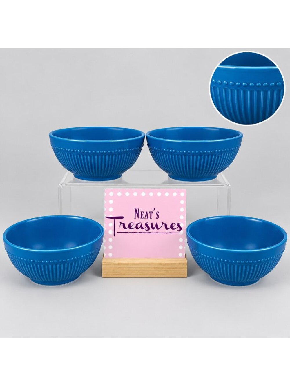 Pfaltzgraff KAMRYN Blue Ribbed Beaded Stoneware Dessert Fruit Sauce Bowls Set 4